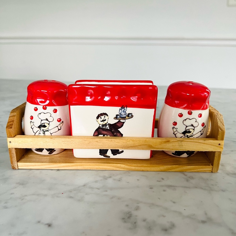 NEW Chef Salt and Pepper Shakers, Napkins Holder Set